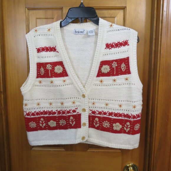 VTG That's Me Fall Sweater Vest Cream & Rust Leaves Button Size Large - Picture 2 of 8